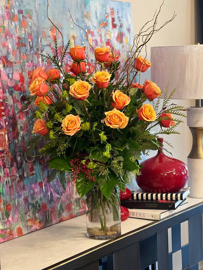 Two dozen roses classic design, curly willow branches & foliage, cylinder vase