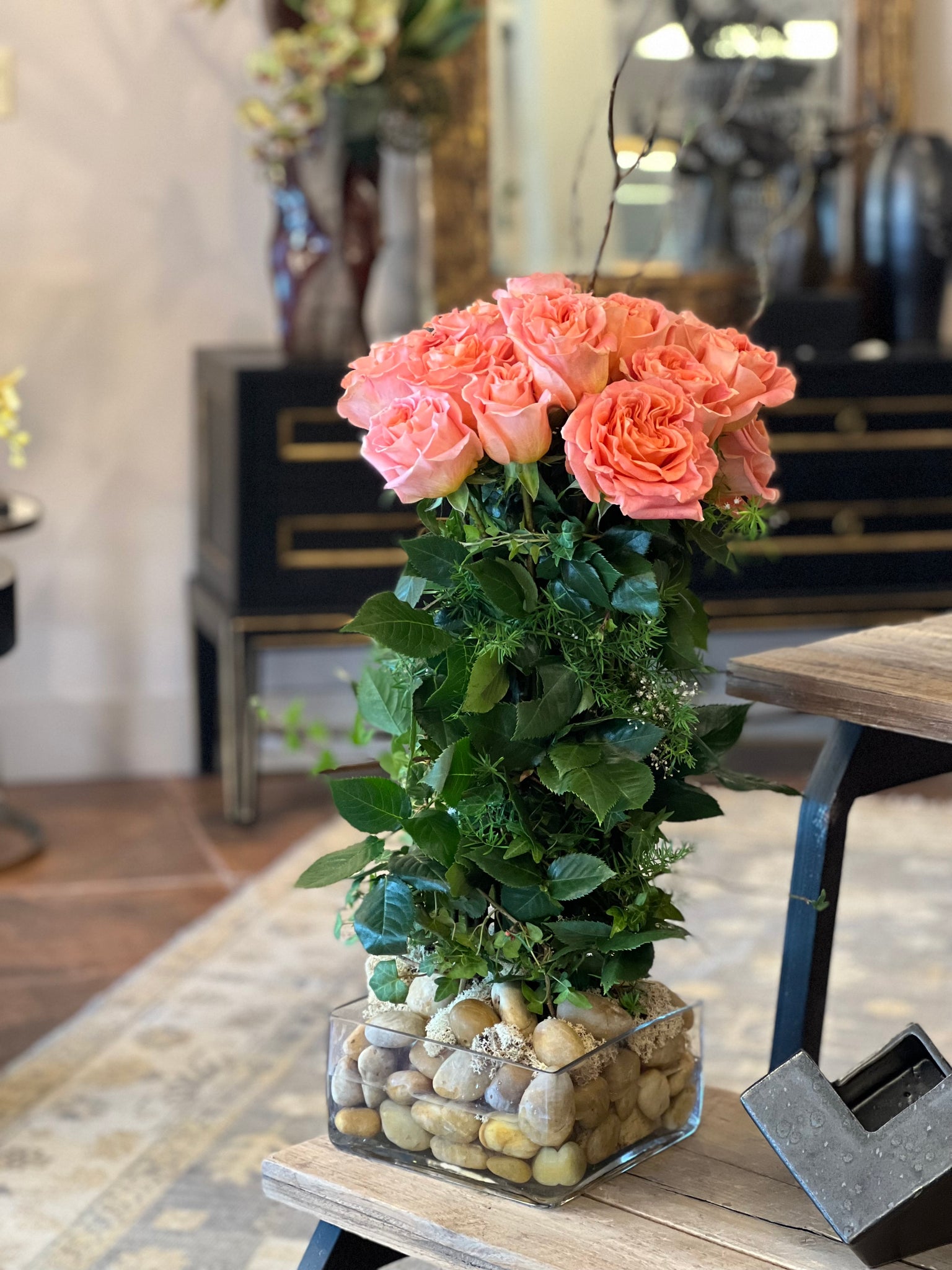 Bunched & semi-exposed roses (2 dozen), curly willow wrap, low profile vase