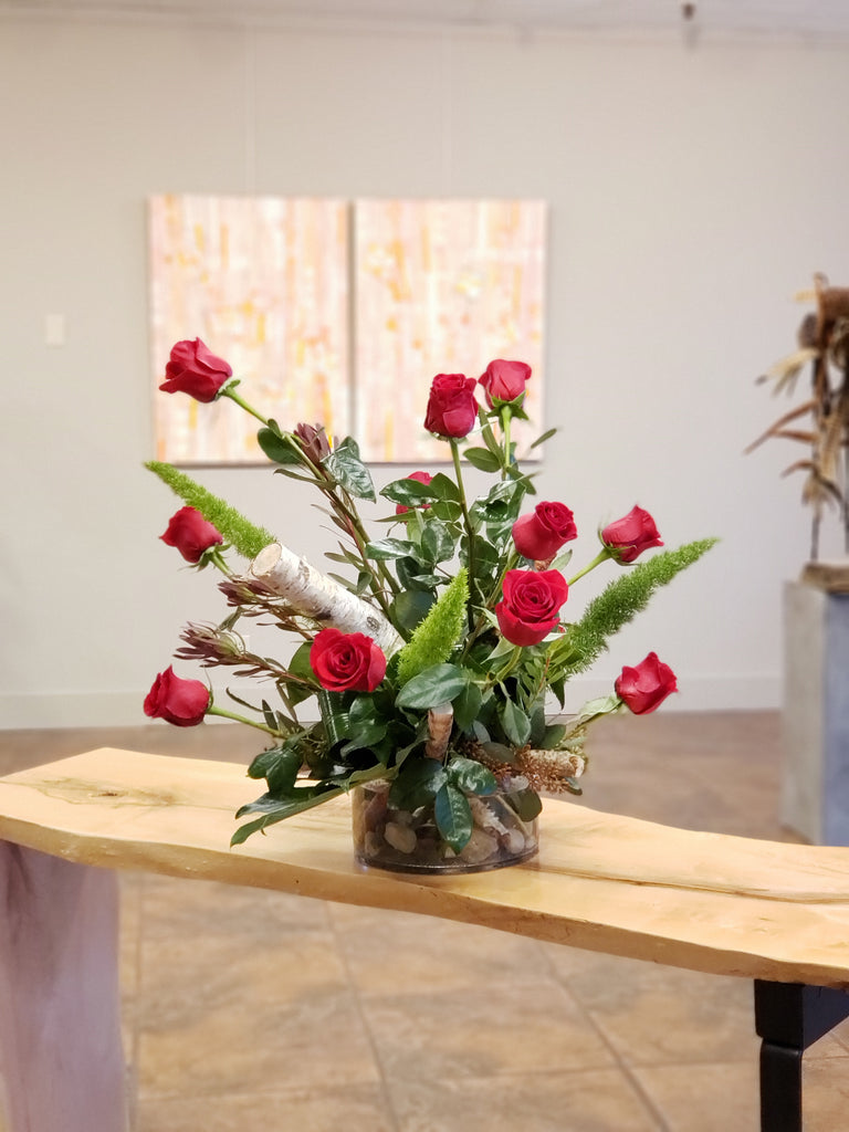 All Rose centerpiece, height variance, birch wood poles