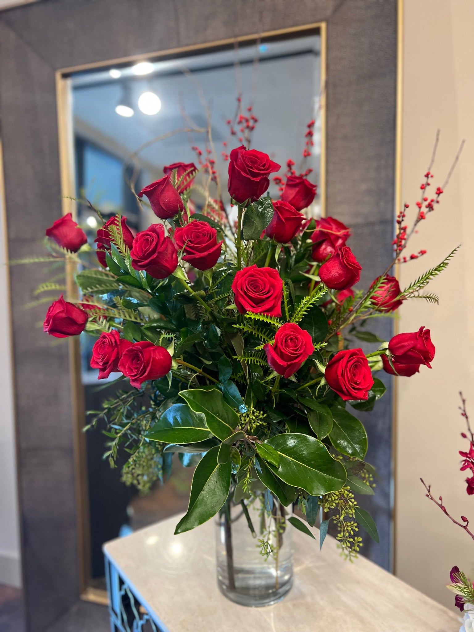 Three dozen roses classic design, curly willow branches & foliage, cylinder vase