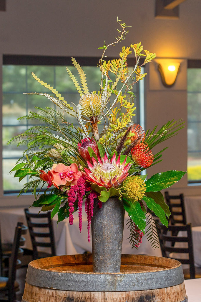 Exotic flowers, draping foliage