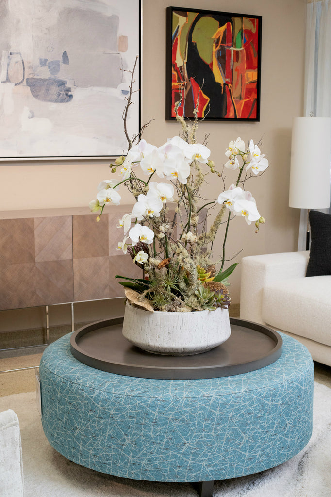 Orchid plant design 6-stems, mossy branch, dry & faux props, ceramic container
