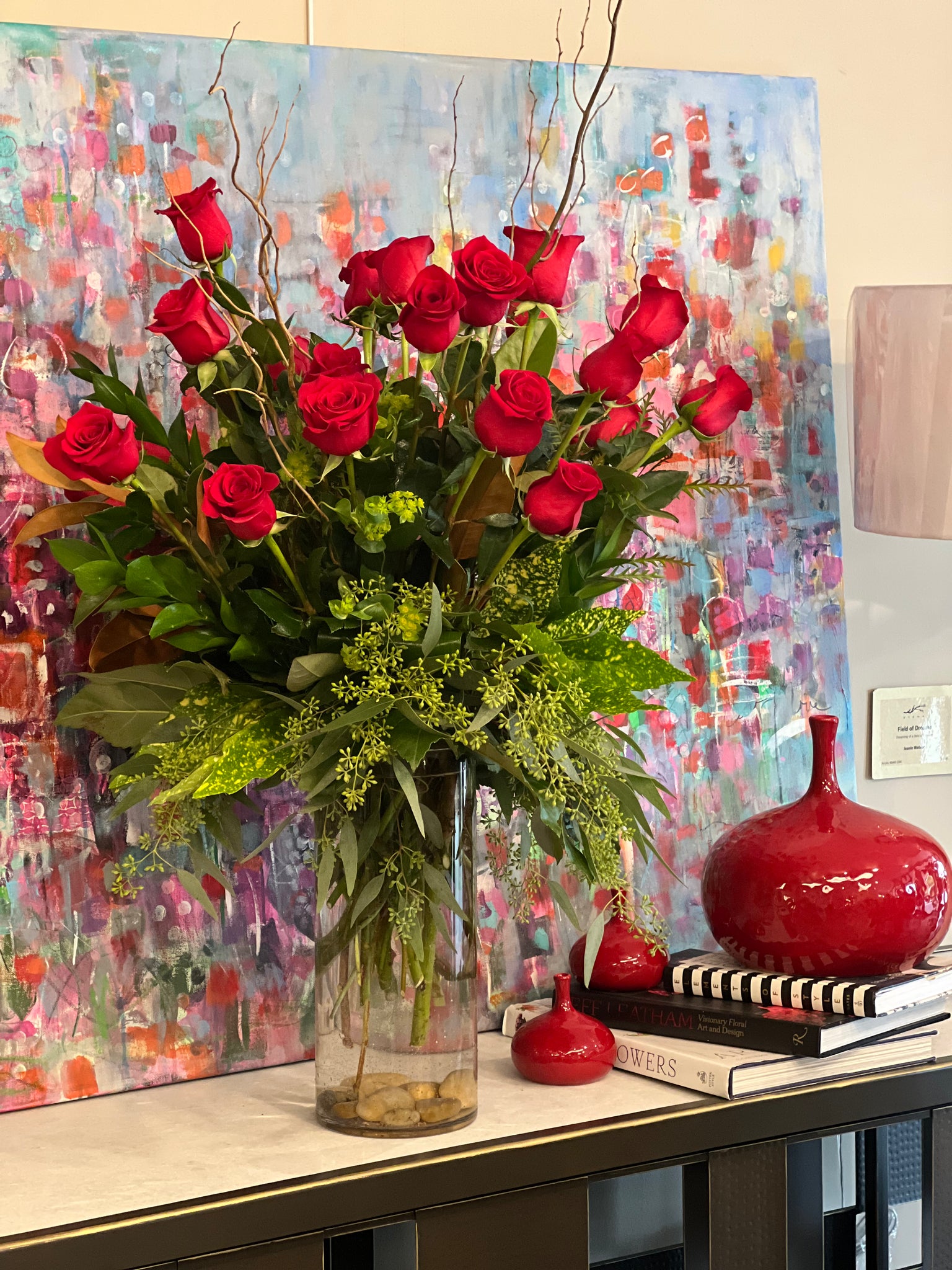 Two dozen roses classic design, curly willow branches & foliage, cylinder vase