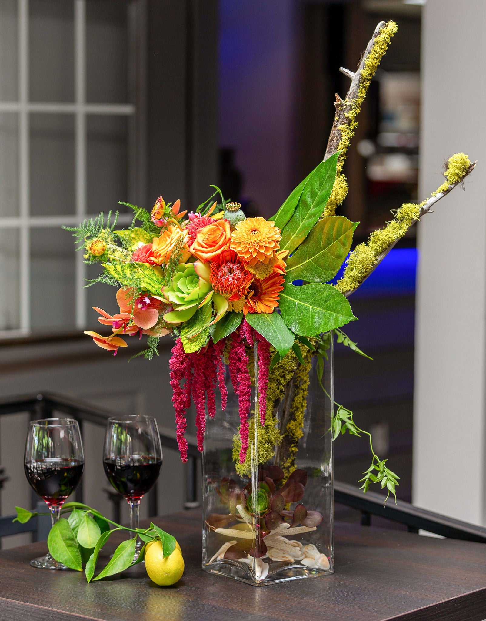 Premium hand-tied bouquet, mossy branches