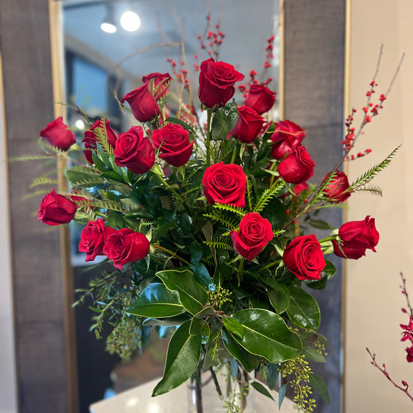 Three dozen roses classic design, curly willow branches & foliage, cylinder vase
