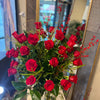 Three dozen roses classic design, curly willow branches & foliage, cylinder vase