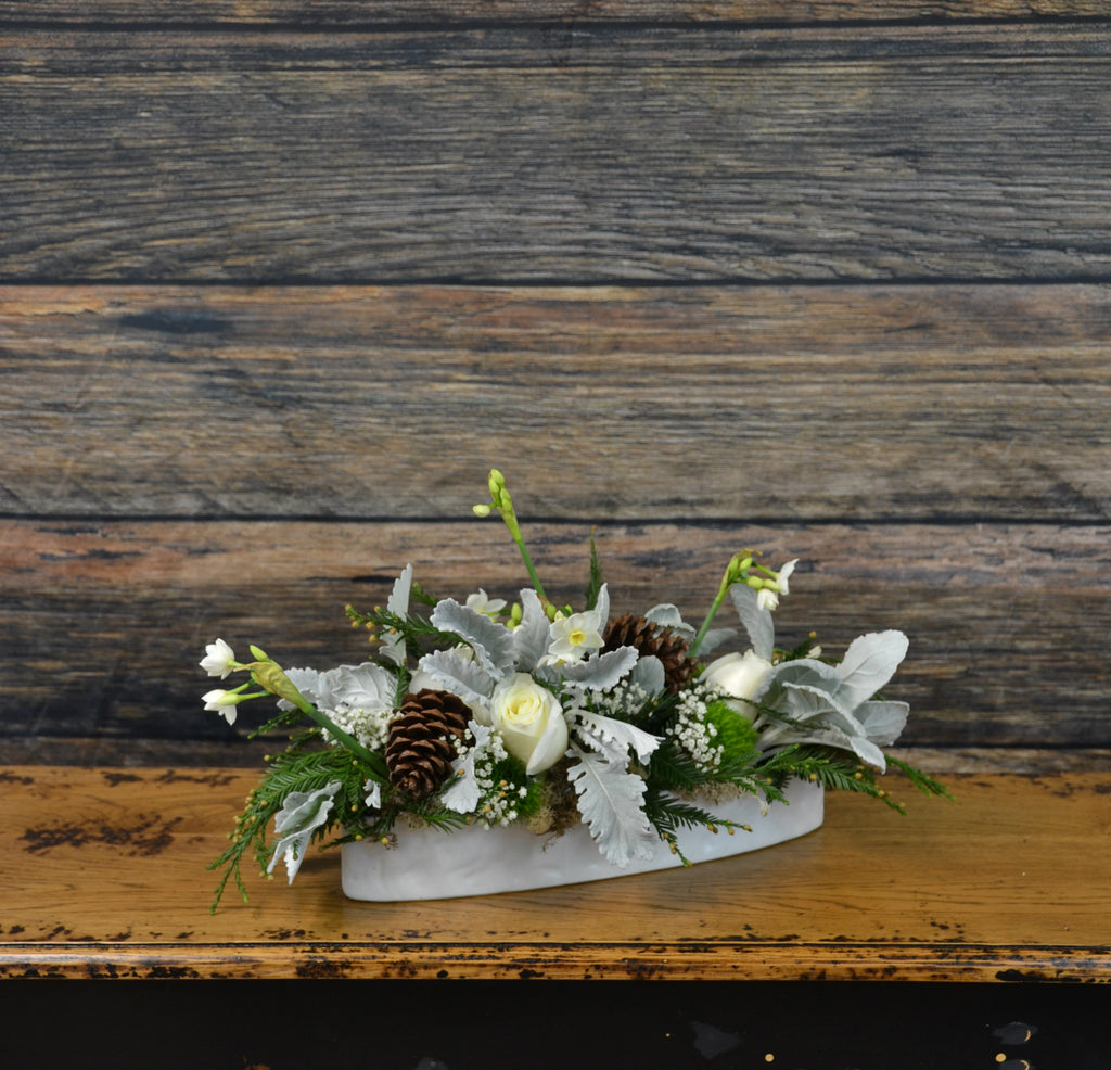 Low profile ceramic vessel, florals, foliage & pinecones