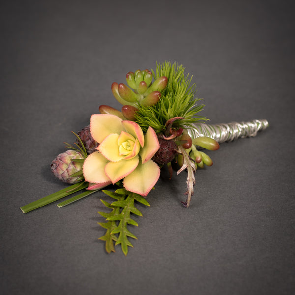 succulent corsage and boutonniere Fresh Succulent Botonniere with Magnetic Aid for Easy Placement — Stems